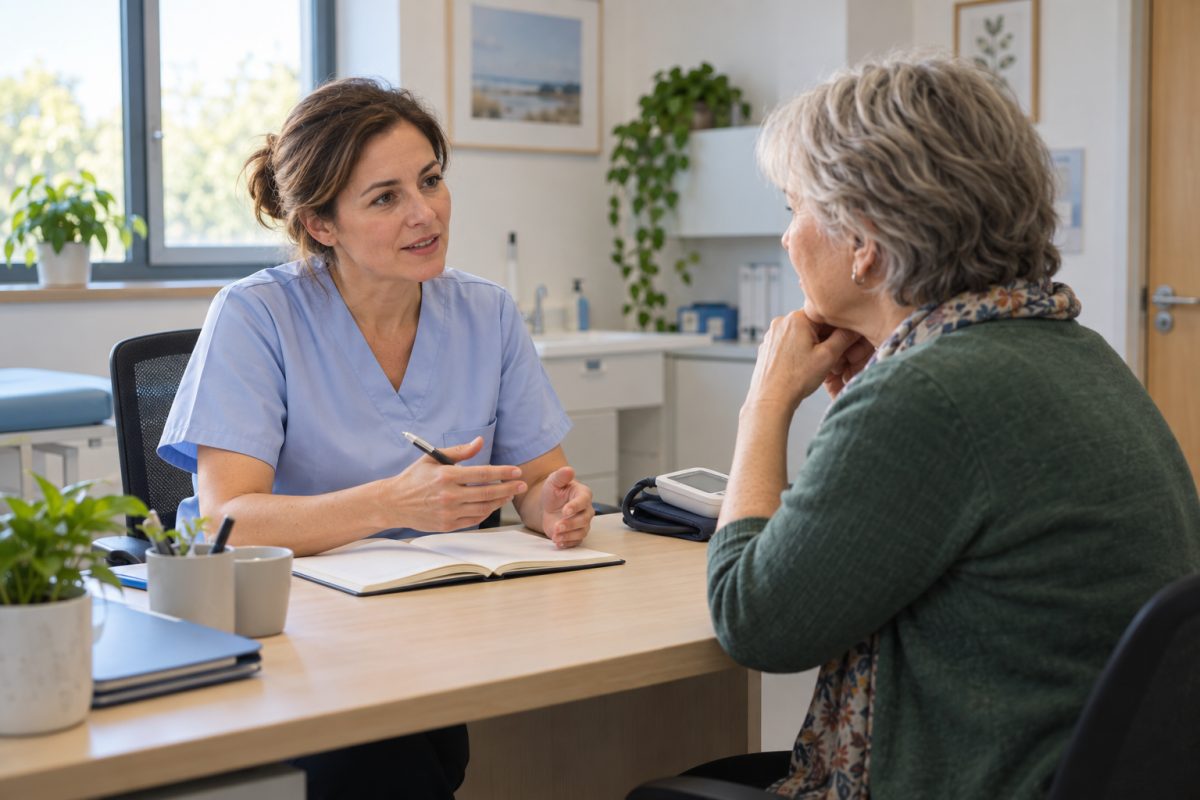 Illustration : une infirmière en pratique avancée échange avec une patiente en consultation